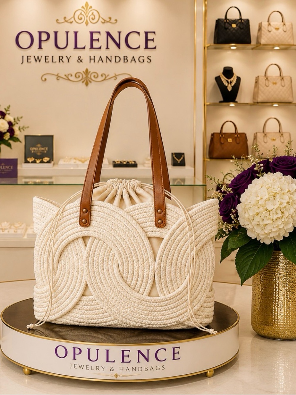 Cream Rope Tote with Brown  Handles